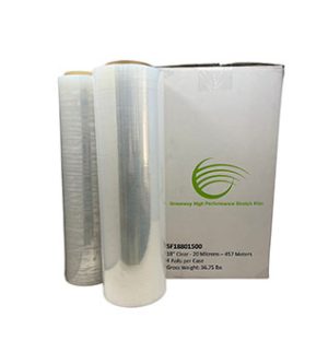 Two rolls of clear plastic wrap next to a white box.