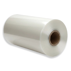 A large roll of transparent plastic film with a brown core.