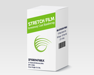 Box of stretch film with eco-friendly branding.