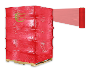 Red plastic-wrapped pallet with a green logo on top, extending red plastic film to the right.