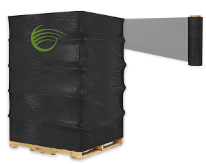 Black plastic-wrapped pallet with green logo on a wooden base.