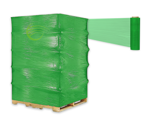 Stack of green plastic-wrapped pallets ready for transport.