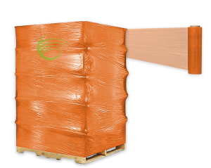 Pallet wrapped tightly with orange stretch film.