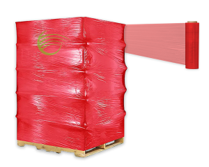 Red shrink wrap tightly covering stacked items on a pallet.