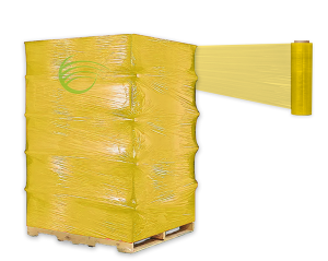 Pallet loaded with yellow plastic strapping band.