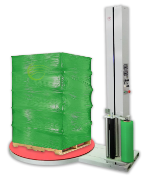 A stack of green-wrapped pallets on a red pallet base.