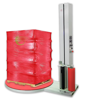 A pallet wrapped in red plastic film on a pallet wrapper machine.