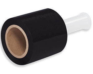 A roll of black stretch wrap with a cardboard core on a white background.