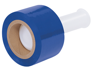 A roll of blue adhesive tape on a white dispenser.