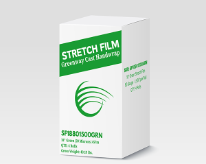 Box of green stretch film for wrapping and packaging.
