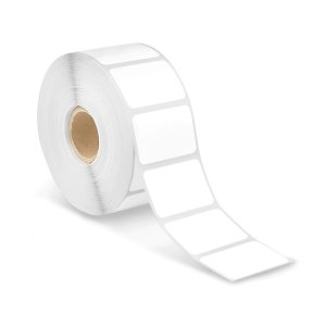 A roll of blank white adhesive labels.