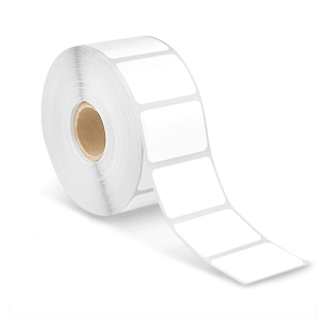 A roll of blank white adhesive labels.