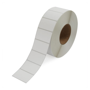 A roll of white adhesive labels with a brown core.