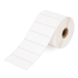 A roll of blank white adhesive labels.
