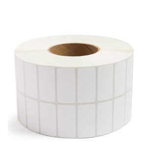 Roll of blank rectangular white adhesive labels on a continuous strip.