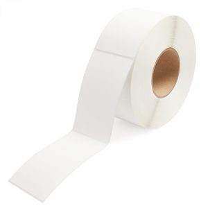 A roll of white adhesive labels with a peel-off backing.