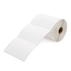 A roll of blank white labels on a continuous strip.