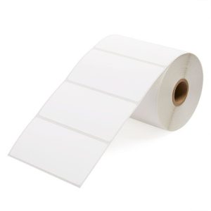 A roll of blank white adhesive labels.