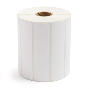 Roll of white label stickers with perforated edges.