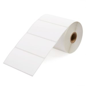 A roll of blank white adhesive labels.