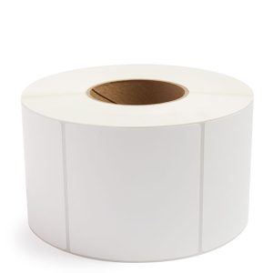 A roll of blank white adhesive labels for printing.