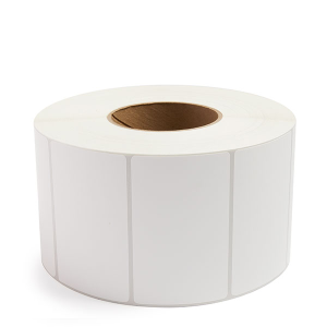 A roll of white adhesive labels with a brown core.