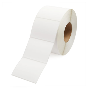 A roll of white adhesive labels with a brown core.