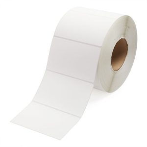 A roll of white labels with peel-off backing.