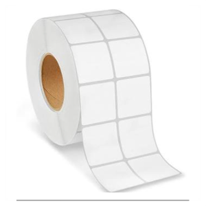 Roll of white adhesive labels with rectangular shapes.