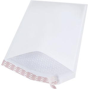 A white padded mailing envelope with peel-and-seal adhesive strip.