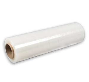 A roll of clear plastic stretch film used for packaging.