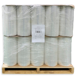 A pallet stacked with multiple rolls of transparent plastic wrap.